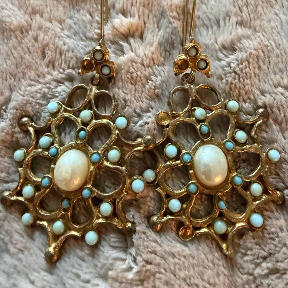 Turkish Elegant Gold and Blue Dangle Earrings